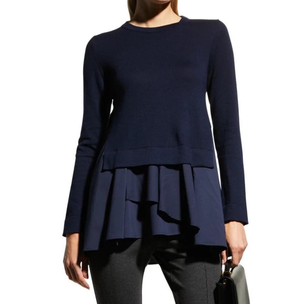 Meimeij Mixed Media Tunic Sweater M Navy Blue Wool‎ Blend Layered Hem Top Luxury
